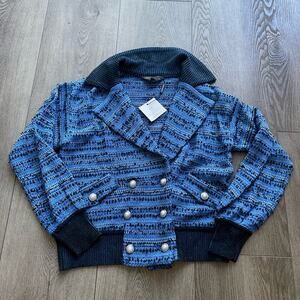 ming wang  blue eyelash tweed bomber style pearl button jacket coat size XS NEW